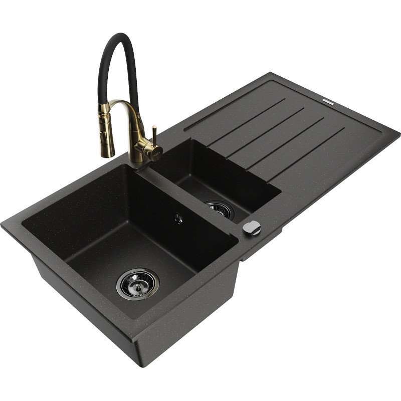 Mexen Andres Granitspüle 1,5-Becken mit Abtropffläche und Küchenarmatur Aster, schwarz/gold-metallic - 6515-75-73450-57-B