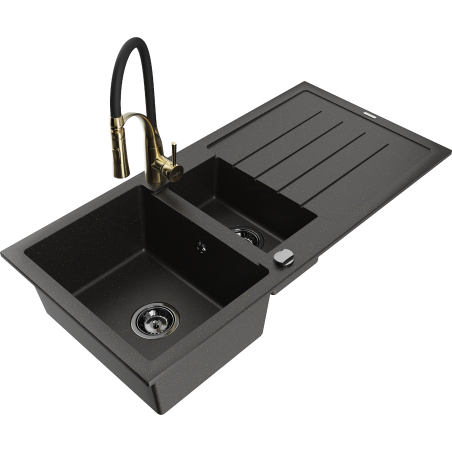 Mexen Andres Granitspüle 1,5-Becken mit Abtropffläche und Küchenarmatur Aster, schwarz/gold-metallic - 6515-75-73450-57-B