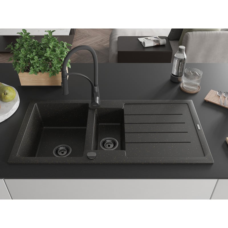 Mexen Andres Granitspüle 1,5-becken mit Abtropffläche und Küchenarmatur Aster, schwarz/gold metallic - 6515-75-73450-70-B