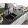 Mexen Andres Granitspüle 1,5-becken mit Abtropffläche und Küchenarmatur Aster, schwarz/gold metallic - 6515-75-73450-70-B