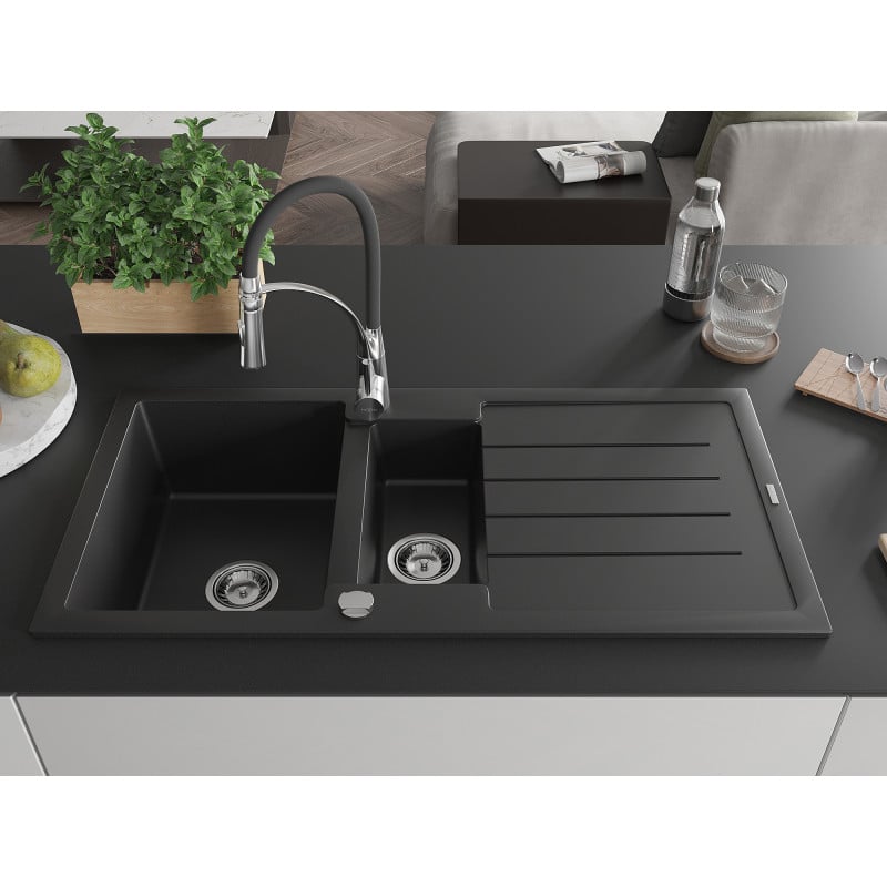 Mexen Andres Granitspüle 1,5-Becken mit Abtropffläche und Küchenarmatur Aster, schwarz - 6515-77-73450-07