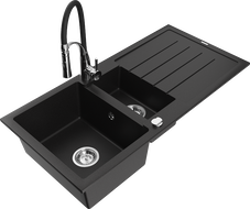 Mexen Andres Granitspüle 1,5-Becken mit Abtropffläche und Küchenarmatur Aster, schwarz - 6515-77-73450-07