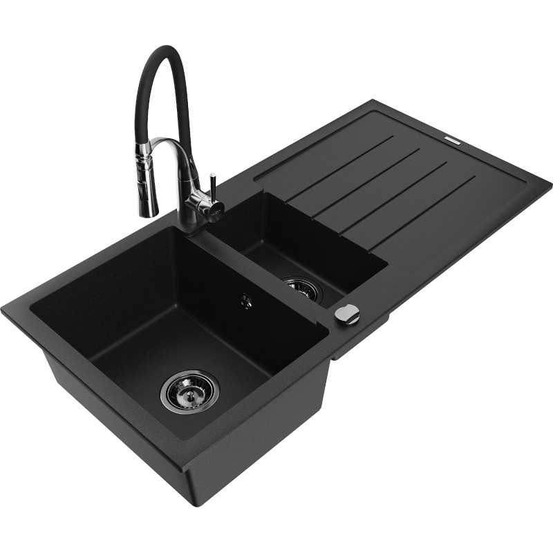 Mexen Andres Granitspüle 1,5-Becken mit Abtropffläche und Küchenarmatur Aster, schwarz - 6515-77-73450-07-B