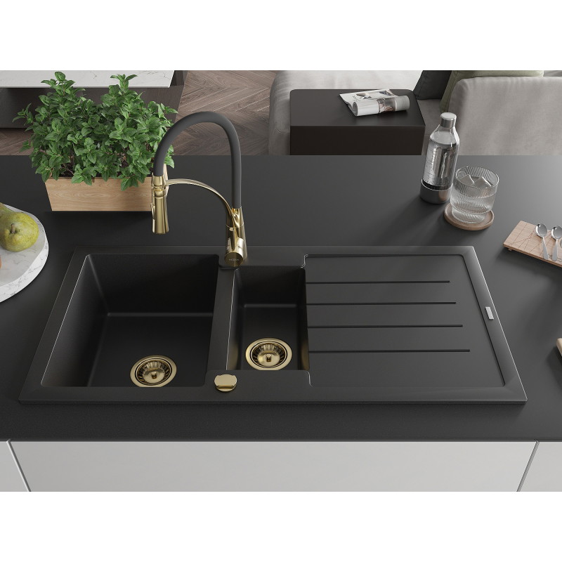 Mexen Andres Granitspüle 1,5-Bowl mit Abtropffläche und Küchenarmatur Aster, schwarz - 6515-77-73450-57-G