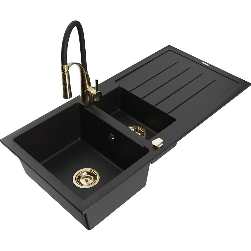 Mexen Andres Granitspüle 1,5-Bowl mit Abtropffläche und Küchenarmatur Aster, schwarz - 6515-77-73450-57-G