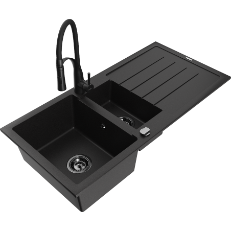 Mexen Andres 1,5-Kammer-Granitatensbecken mit Abtropffläche und Küchenarmatur Aster, schwarz - 6515-77-73450-70-B
