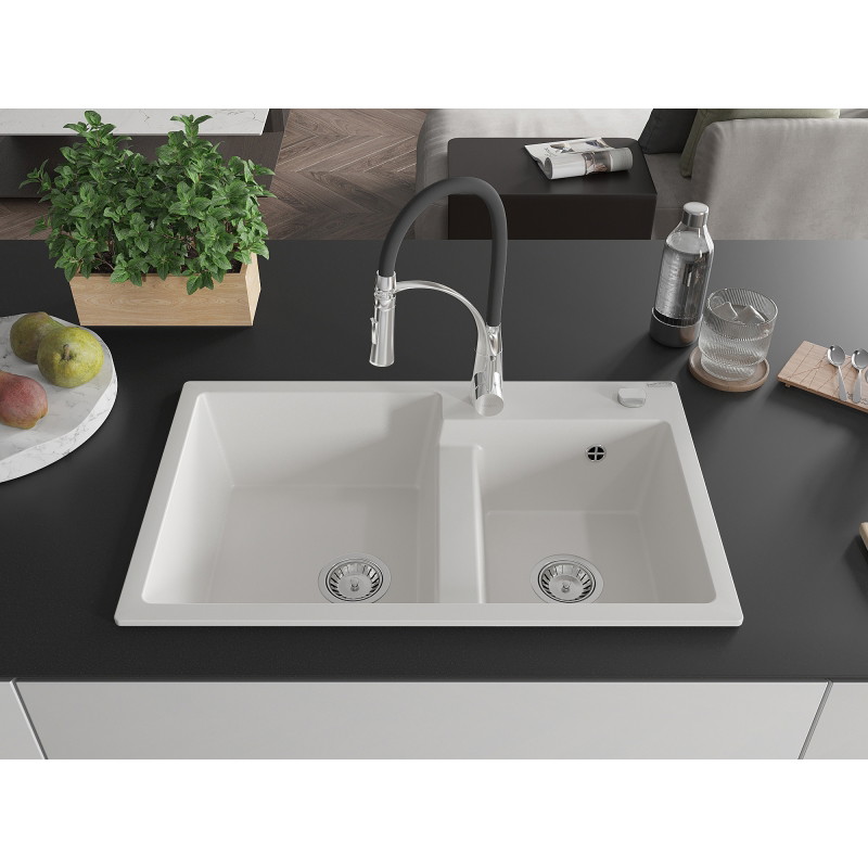 Mexen Tomas 2-Becken Granitspüle mit Küchenarmatur Aster, weiß - 6516-20-73450-07