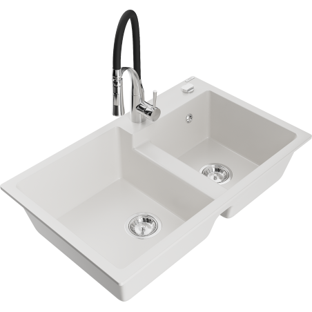 Mexen Tomas 2-Becken Granitspüle mit Küchenarmatur Aster, weiß - 6516-20-73450-07