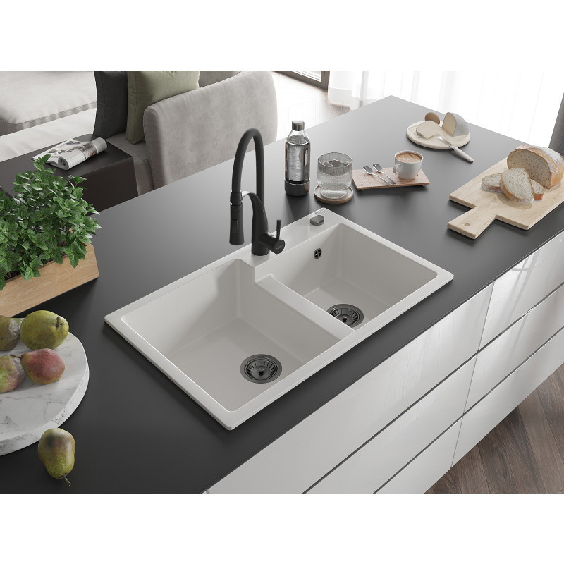 Mexen Tomas Granit-Spüle 2-Kammern mit Küchenarmatur Aster, weiß - 6516-20-73450-70-B