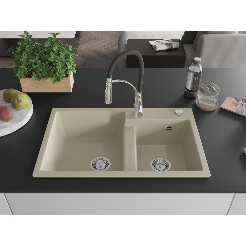 Mexen Tomas Granitspüle 2-Kammer mit Küchenarmatur Aster, beige - 6516-69-73450-07