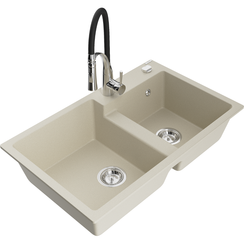 Mexen Tomas Granitspüle mit 2 Becken und Küchenarmatur Aster, beige - 6516-69-73450-07