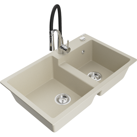 Mexen Tomas Granitspüle mit 2 Becken und Küchenarmatur Aster, beige - 6516-69-73450-07