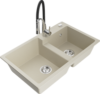 Mexen Tomas Granitspüle mit 2 Becken und Küchenarmatur Aster, beige - 6516-69-73450-07