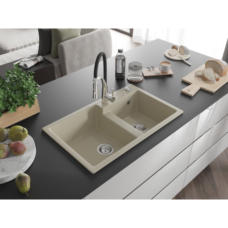 Mexen Tomas Granitspüle mit 2 Becken und Küchenarmatur Aster, beige - 6516-69-73450-07