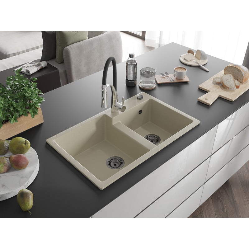 Mexen Tomas Granit-Spülbecken 2-Kammer mit Küchenarmatur Aster, beige - 6516-69-73450-07-B