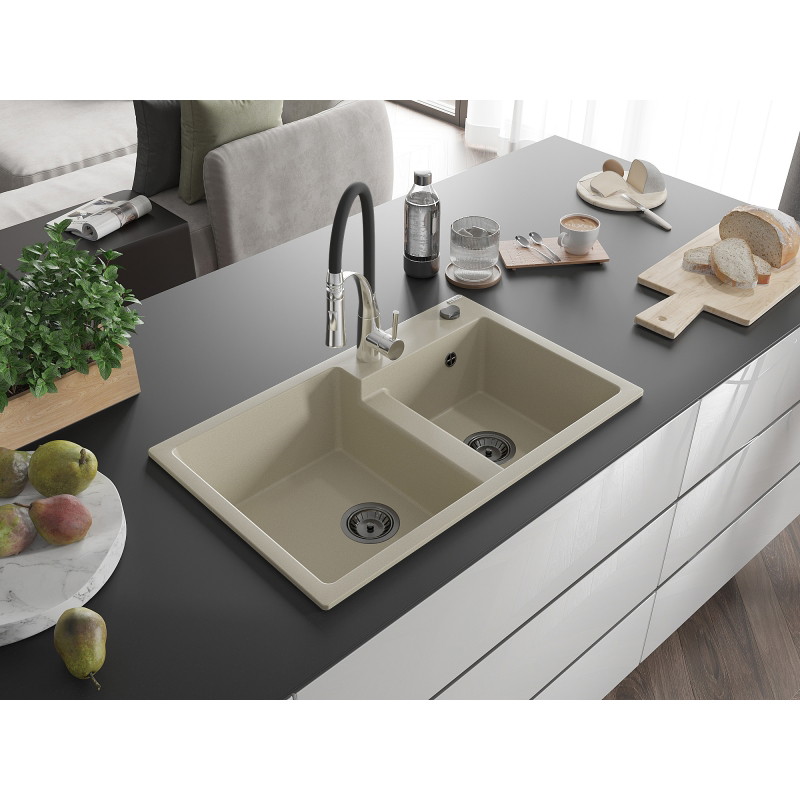 Mexen Tomas Granitspüle 2-flügelig mit Küchenarmatur Aster, beige - 6516-69-73450-07-B