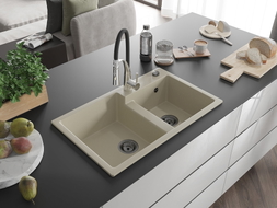 Mexen Tomas Granit-Spülbecken 2-Kammer mit Küchenarmatur Aster, beige - 6516-69-73450-07-B