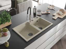Mexen Tomas Granitspüle 2-beckig mit Küchenarmatur Aster, beige - 6516-69-73450-07-B