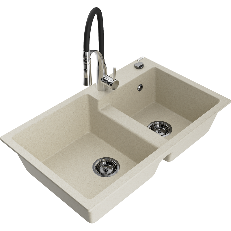Mexen Tomas Granit-Spülbecken 2-Kammer mit Küchenarmatur Aster, beige - 6516-69-73450-07-B