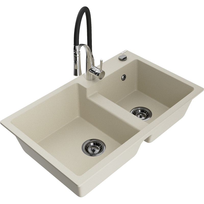 Mexen Tomas Granitspüle 2-flügelig mit Küchenarmatur Aster, beige - 6516-69-73450-07-B