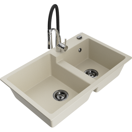Mexen Tomas Granit-Spülbecken 2-Kammer mit Küchenarmatur Aster, beige - 6516-69-73450-07-B