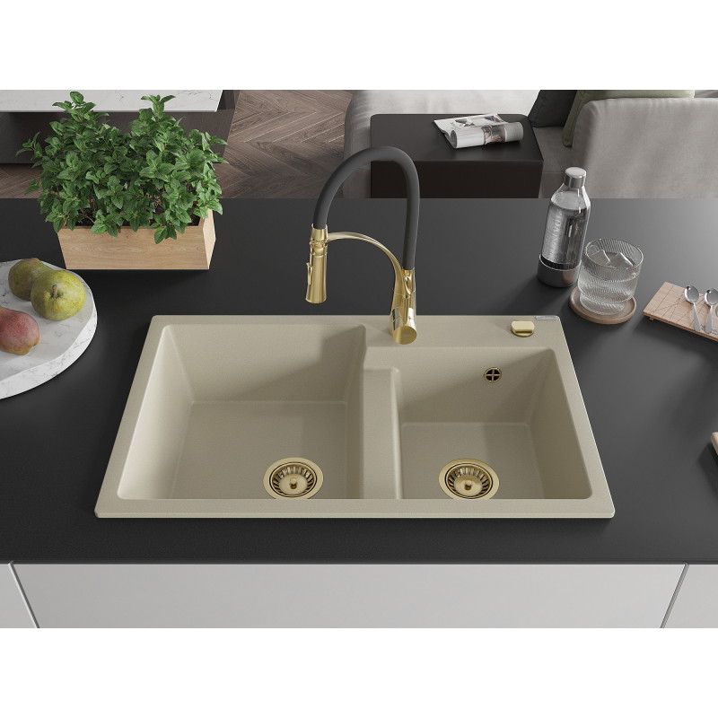 Mexen Tomas 2-Kammer Granitspüle mit Küchenarmatur Aster, beige - 6516-69-73450-57-G