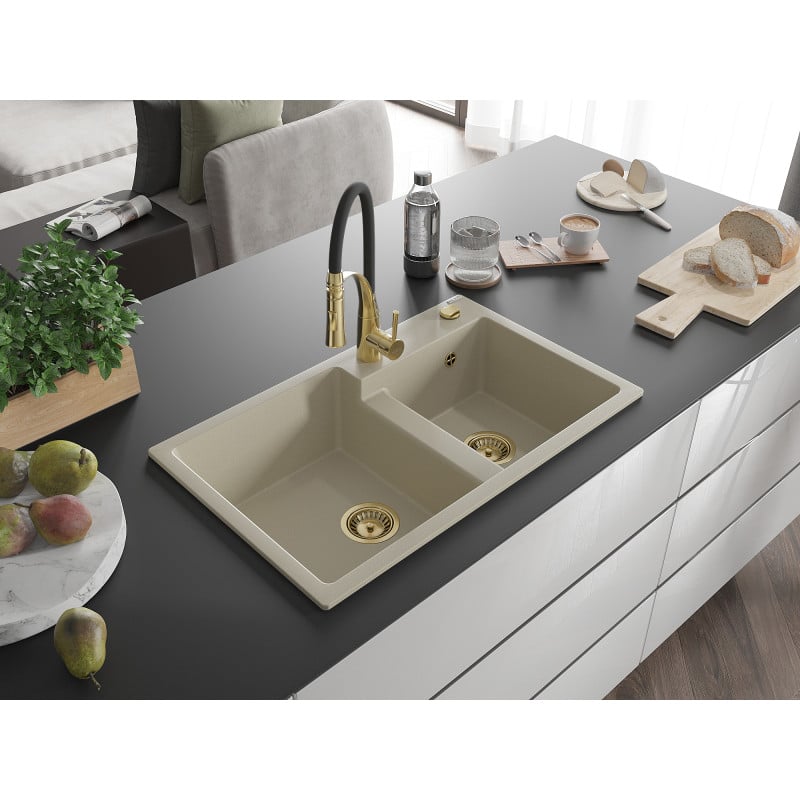 Mexen Tomas Granitspüle 2-Becken mit Küchenarmatur Aster, beige - 6516-69-73450-57-G