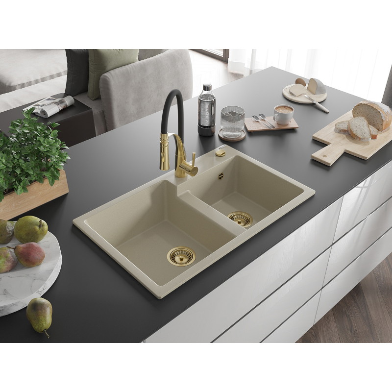 Mexen Tomas Granitspüle 2-Kammer mit Küchenarmatur Aster, beige - 6516-69-73450-57-G