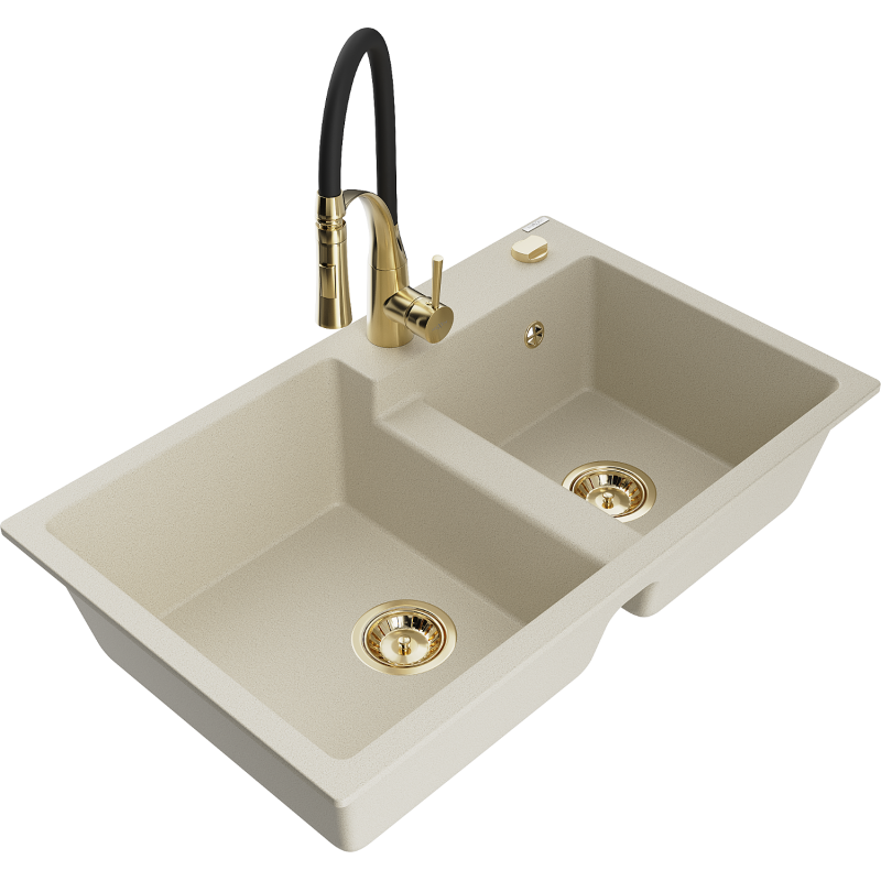 Mexen Tomas Granitspüle 2-Becken mit Küchenarmatur Aster, beige - 6516-69-73450-57-G