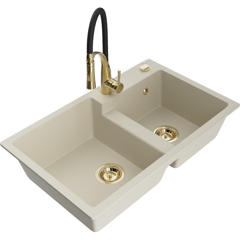 Mexen Tomas Granitspüle 2-Kammer mit Küchenarmatur Aster, beige - 6516-69-73450-57-G