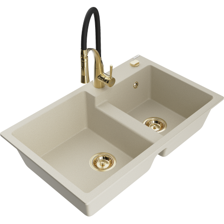 Mexen Tomas Granitspüle 2-Becken mit Küchenarmatur Aster, beige - 6516-69-73450-57-G