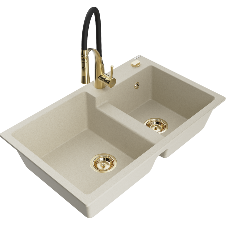 Mexen Tomas Granitspüle 2-Kammer mit Küchenarmatur Aster, beige - 6516-69-73450-57-G