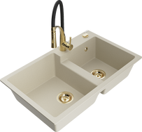 Mexen Tomas Granitspüle 2-Becken mit Küchenarmatur Aster, beige - 6516-69-73450-57-G