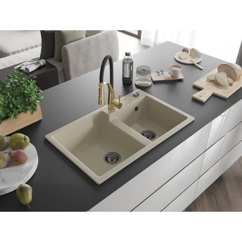 Mexen Tomas Granitspüle 2-Kammer mit Küchenarmatur Aster, beige - 6516-69-73450-57-B