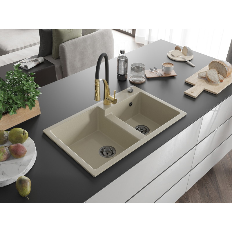 Mexen Tomas granitspüle mit 2 Becken und Küchenarmatur Aster, beige - 6516-69-73450-57-B