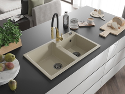 Mexen Tomas Granitspüle 2-Kammer mit Küchenarmatur Aster, beige - 6516-69-73450-57-B