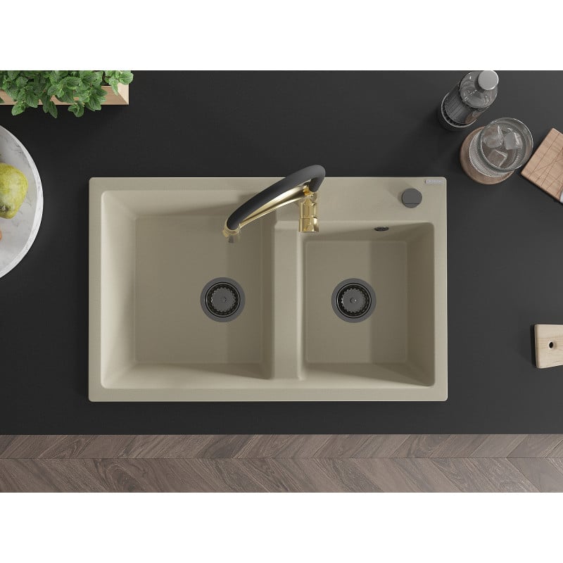 Mexen Tomas Granitspüle 2-Kammer mit Küchenarmatur Aster, beige - 6516-69-73450-57-B