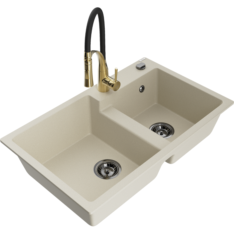 Mexen Tomas Granitspüle 2-Kammer mit Küchenarmatur Aster, beige - 6516-69-73450-57-B