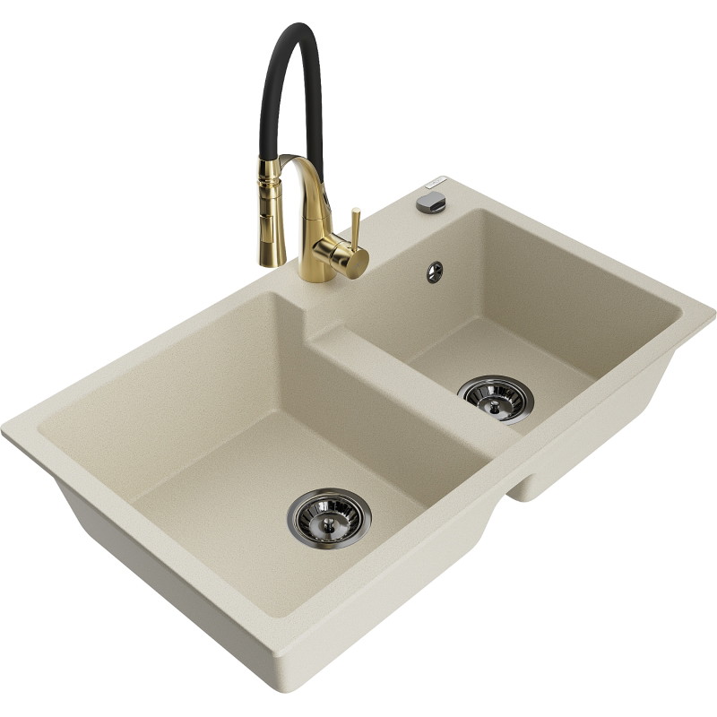 Mexen Tomas granitspüle mit 2 Becken und Küchenarmatur Aster, beige - 6516-69-73450-57-B