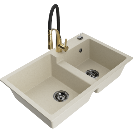 Mexen Tomas Granitspüle 2-Kammer mit Küchenarmatur Aster, beige - 6516-69-73450-57-B