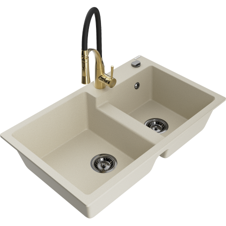 Mexen Tomas granitspüle mit 2 Becken und Küchenarmatur Aster, beige - 6516-69-73450-57-B