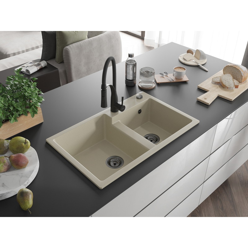 Mexen Tomas Granitspüle 2-Kammern mit Küchenarmatur Aster, beige - 6516-69-73450-70-B