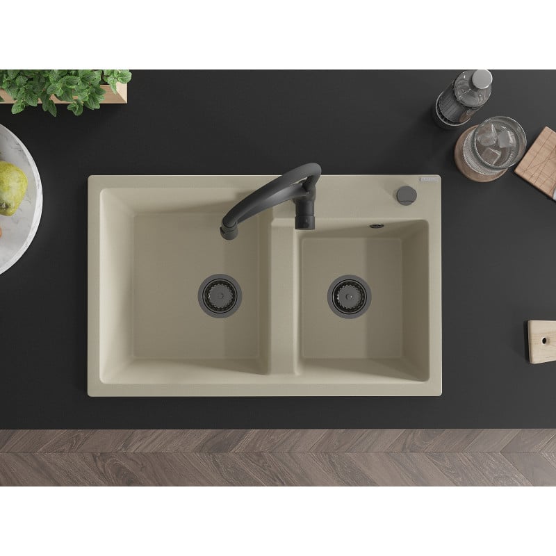 Mexen Tomas Granitspüle 2-Kammer mit Küchenarmatur Aster, beige - 6516-69-73450-70-B