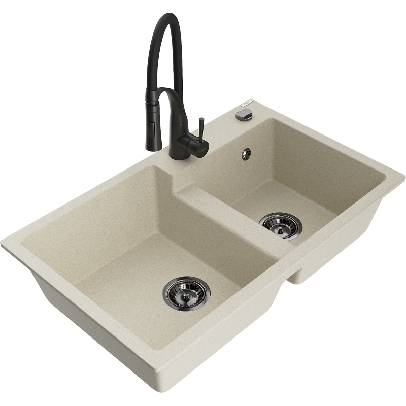 Mexen Tomas Granitspüle 2-Kammer mit Küchenarmatur Aster, beige - 6516-69-73450-70-B
