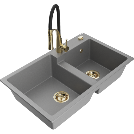 Mexen Tomas Granitspüle 2-Becken mit Küchenarmatur Aster, grau - 6516-71-73450-57-G