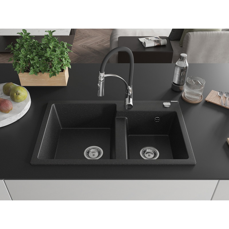 Mexen Tomas 2-Kammer-Granits Spüle mit Küchenarmatur Aster, schwarz/silber-metallic - 6516-73-73450-07