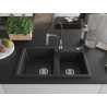 Mexen Tomas Granitspüle 2-Kammern mit Küchenarmatur Aster, schwarz/silberner Metallic - 6516-73-73450-07