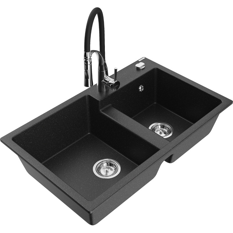 Mexen Tomas 2-Kammer-Granits Spüle mit Küchenarmatur Aster, schwarz/silber-metallic - 6516-73-73450-07
