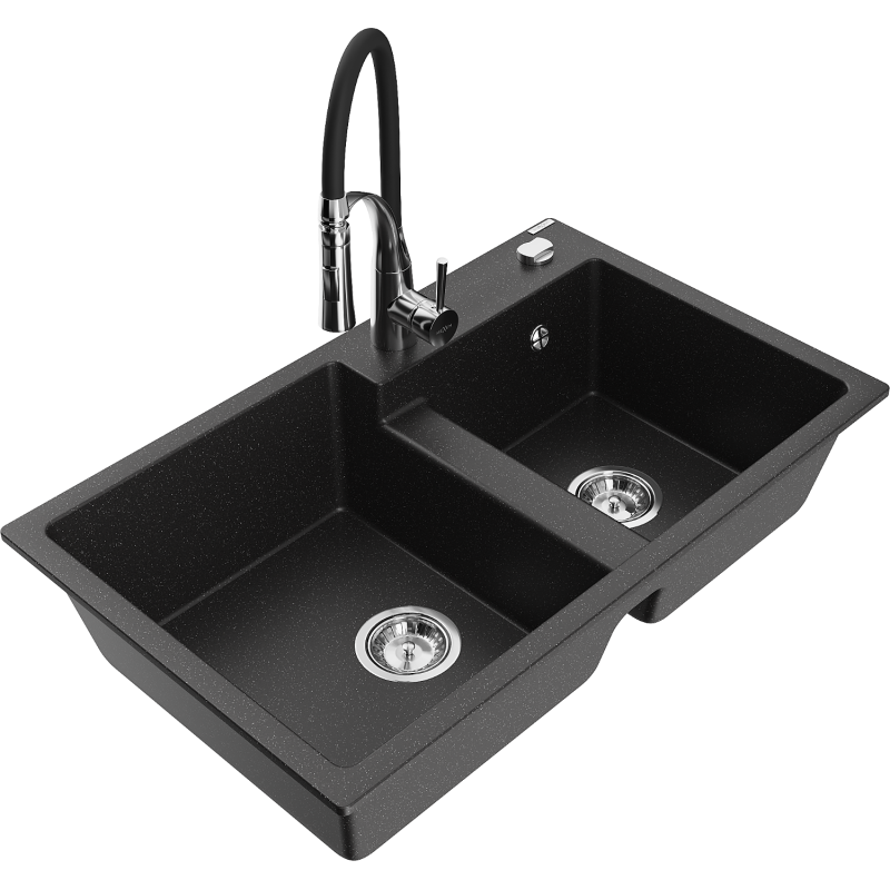 Mexen Tomas Granitspüle 2-Kammern mit Küchenarmatur Aster, schwarz/silber metallic - 6516-73-73450-07