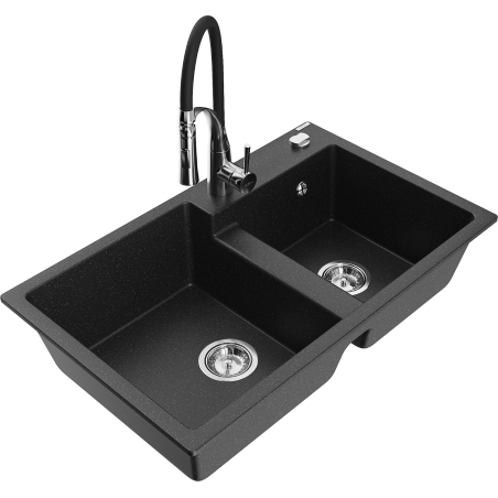 Mexen Tomas Granitspüle 2-Kammern mit Küchenarmatur Aster, schwarz/silber metallic - 6516-73-73450-07